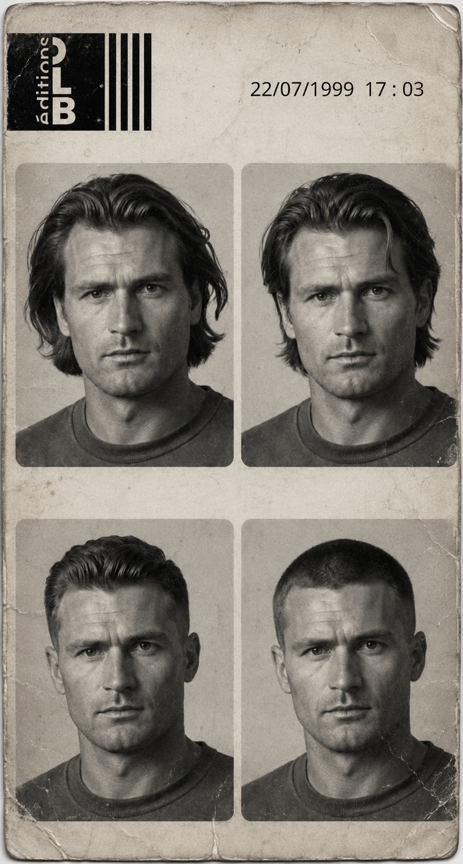 Plaquette de 4 photos d'identité du personnage Romain Ajar Dohelbé, anti-héros des polars hardboiled de Elain Lo
